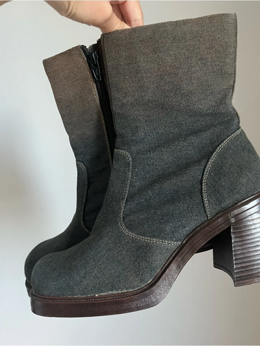 Vintage Platform Boots Platform Chunky Y2K 90s Bratz Square Toe Denim Blue Sz 8